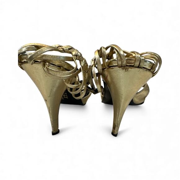 VINTAGE BALLY GOLD FOIL ANKLE WRAP HEELS SZ 6.5 ENGLAND - Picture 5 of 7